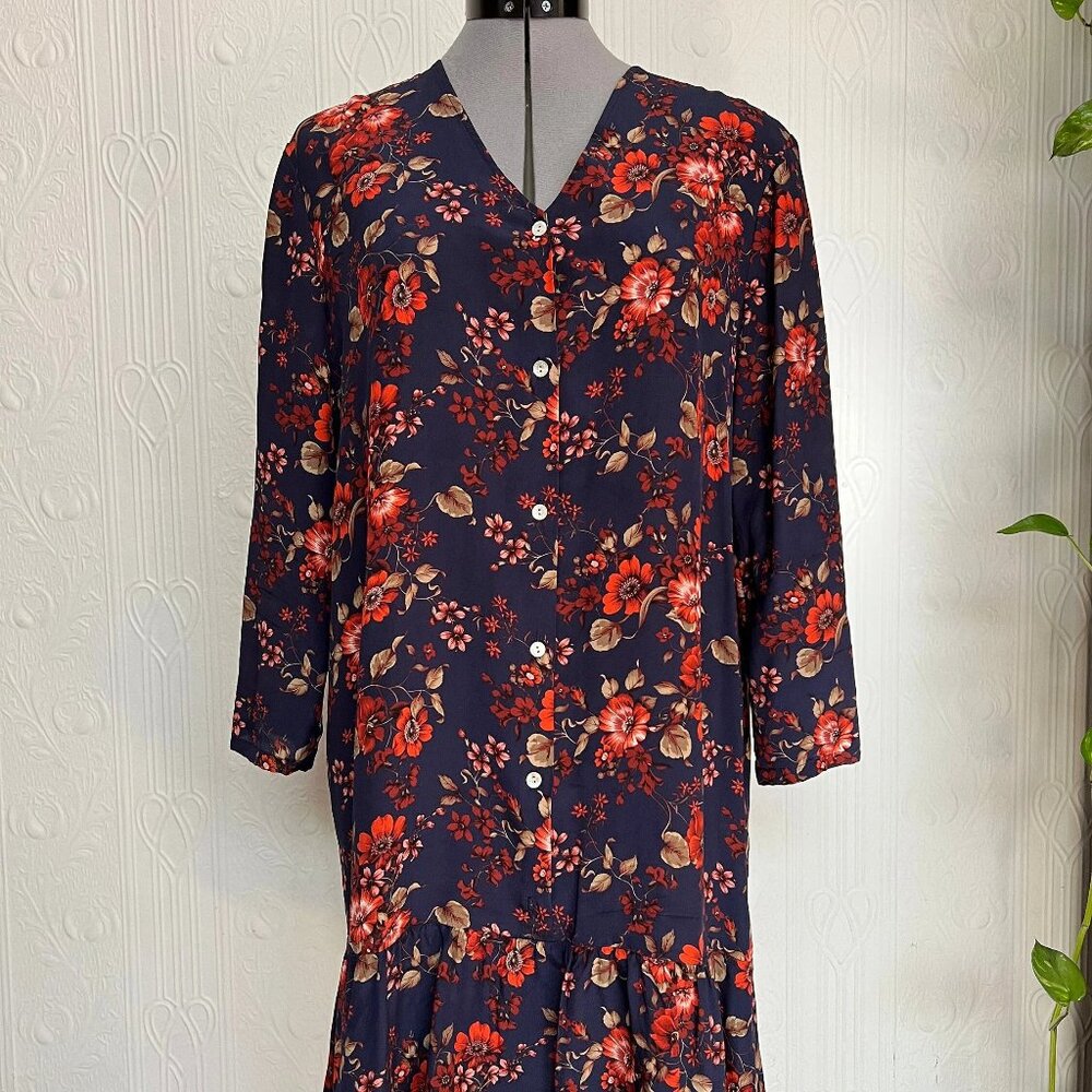 Like New Amour Vert Sustainable Silk Flower dress tunic Navy and orange Size L